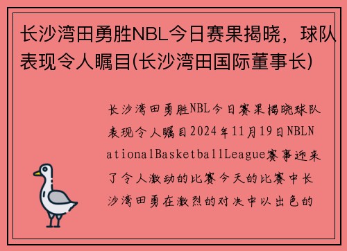 长沙湾田勇胜NBL今日赛果揭晓，球队表现令人瞩目(长沙湾田国际董事长)
